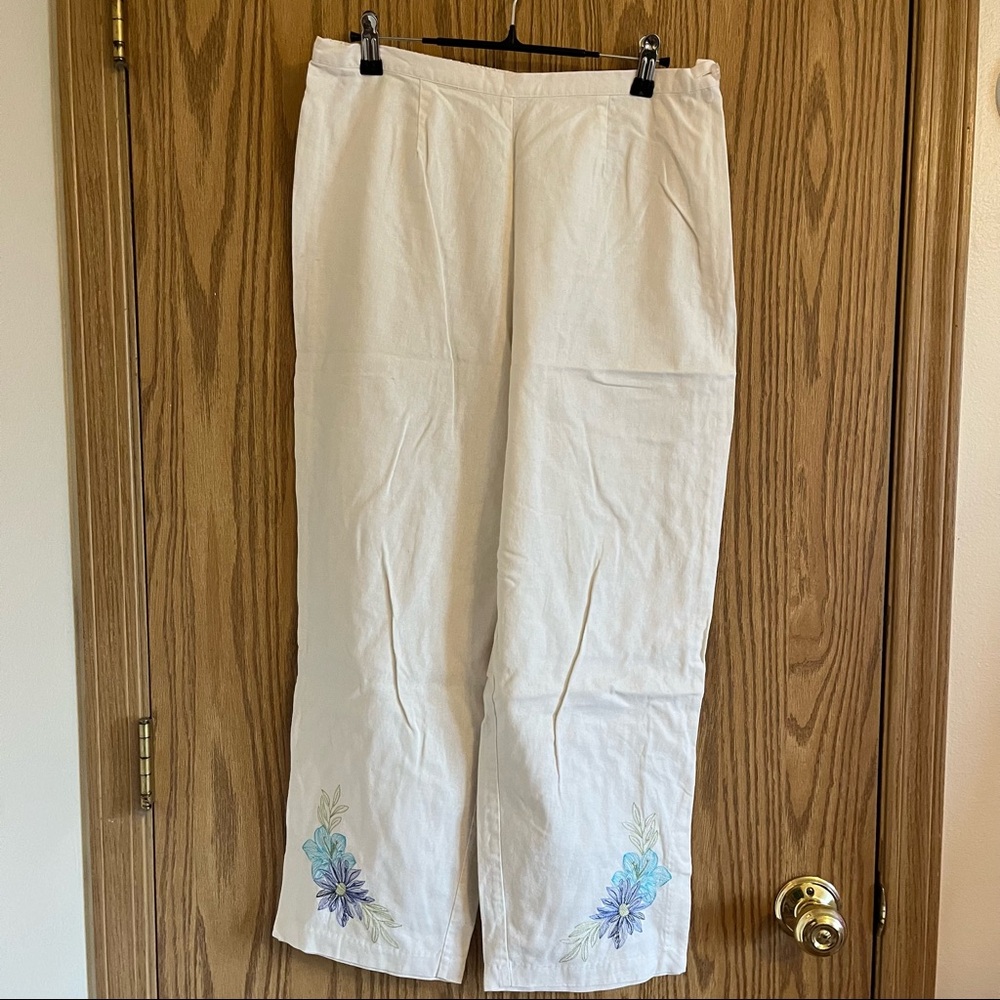 white embroidered linen pants